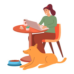 Woman in pet-friendly cafe with   dog. Pet friendly restaurant.Dog eating from bowl. Girl sitting drinking coffee and works in a laptop remotely .Remote work.