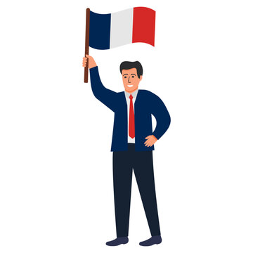 Happy guy france flag.Man with flag in pole of great britain.France flag holding in hand.Isolated on white background.Vector flat illustration.French strike.