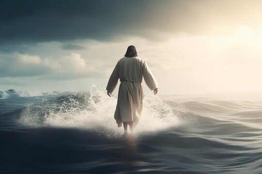 illustration, Jesus walking on the sea, generative ai