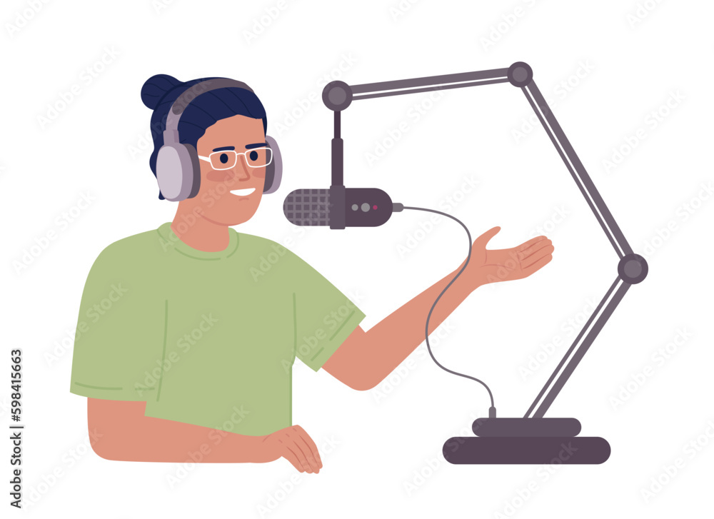 Aufkleber radio host speaking into adjustable mic stand semi flat color vector character. editable figure. hal