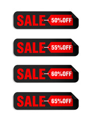 Black long sale stickers set 50%, 55%, 60%, 65% off discount