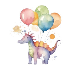 Cute watercolor Birthday Dino. Illustration AI Generative.