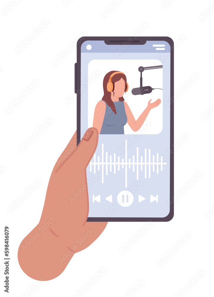 Poster holding smartphone with podcast app semi flat color vector first view hand. close up image. editable