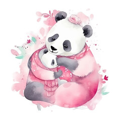 Cute watercolor panda with mom. Illustration AI Generative.