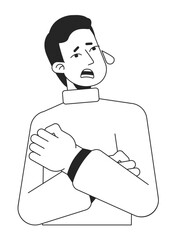 Stressed man hugging himself and crying flat line black white vector character. Editable isolated outline half body person. Simple cartoon style spot illustration for web graphic design, animation