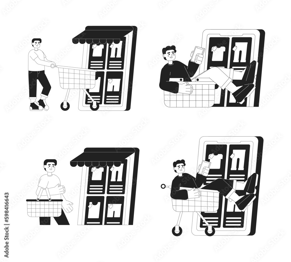 Poster clothing app for shopping through mobile monochrome concept vector spot illustration set. editable 2