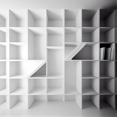 Soft focus shelves and Key cabinet locks. White wooden shelves bookcase. Abstract blurred empty college library interior space. Generative AI, illustration