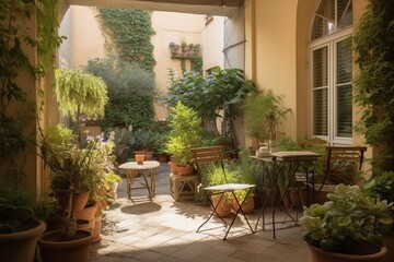 Fototapeta na wymiar illustration, beautiful Italian style yard with plants and flowers, ai generative