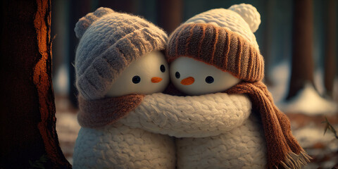 two snowmen hugging each other in a forest. generative ai