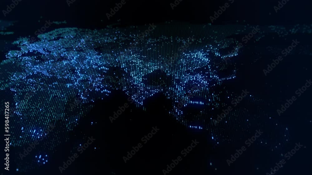 Poster slowly changing illumination of a digital map of the earth. movable camera. lights of megalopolises 