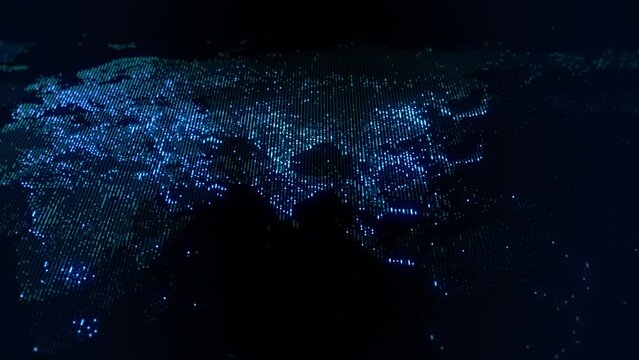 Slowly changing illumination of a digital map of the Earth. Movable camera. Lights of megalopolises blend in soft glow. Perfect background for any video, graphics or project. Looped, 4K
