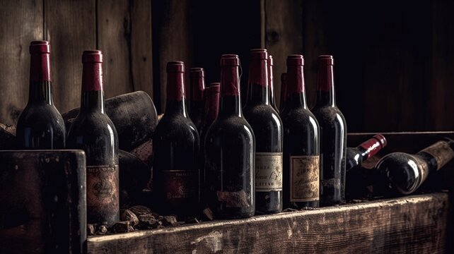 Bottles of red wine on a wooden shelf , Close-up. Generative AI.