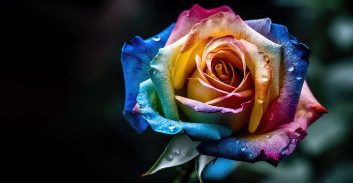 Perfect beautiful colorful bright rainbow pride peace rose on dark background.generative ai.