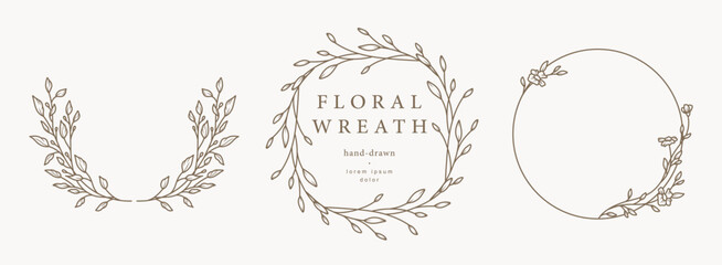 Hand drawn floral frames, wreats with flowers, branches and leaves. Elegant logo template. vector illustration for label, branding business identity, wedding invitation