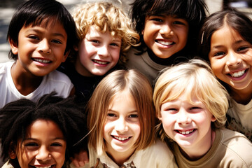 United by laughter, kids of all races come together as best friends, sharing pure joy and innocence. Embracing diversity, their smiles light up the world. Generative AI