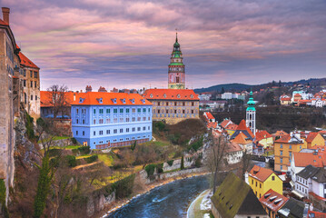 Panoramic view of Cesky Krumlov with St Vitus church in the middle of historical city centre. Cesky Krumlov, Southern Bohemia, Czech Republic.