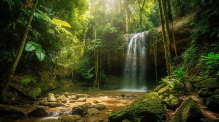 Waterfall in a tropical jungle. Generative AI - obrazy, fototapety, plakaty