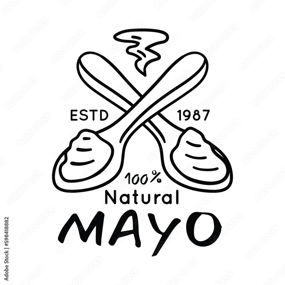 Sticker Mayonnaise Typography Sign Thin Line Badge Label. Vector illustration of Natural Mayo and Spoon Promotion Concept