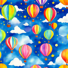 Seamless pattern of a colorful hot air balloon painted in watercolor, with moon, clouds, stars, created with generative AI