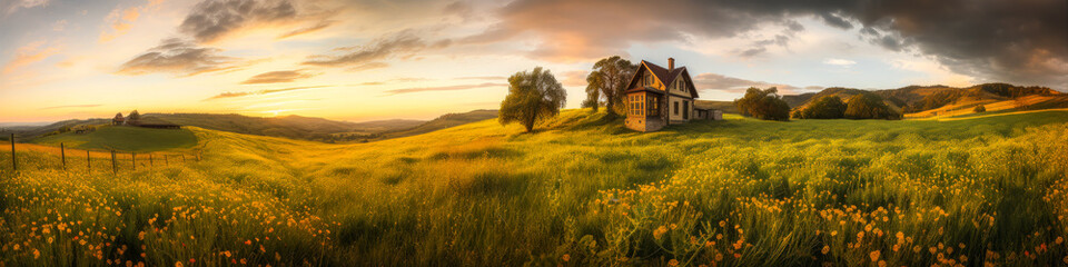 Naklejka na ściany i meble Panoramic view of a countryside with hills, wild flowers and a farm. This artistic photo is bathed in a warm golden light. Generative AI