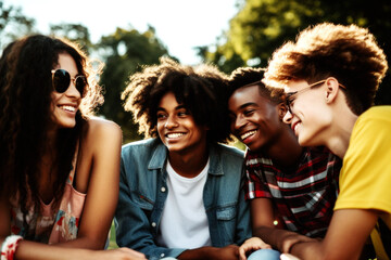 Fototapeta premium A group of diverse teenagers, full of laughter and joy, capture their carefree moment together. United as friends, they celebrate happiness beyond race. Generative AI