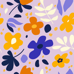 Abstract natural hand drawn botanical pattern with flowers, leaves, branches. Art style of Matisse. Simple monochrome modern illustrated design for fabric, print, cover, banner, wallpaper