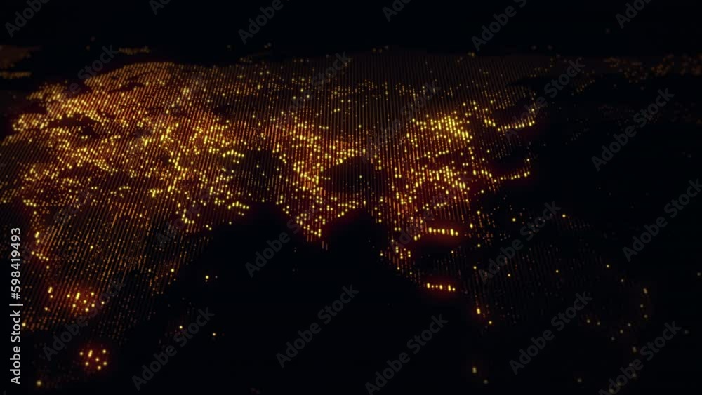 Poster slowly changing illumination of a digital map of the earth. movable camera. lights of megalopolises 