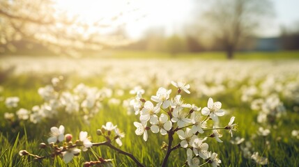 Obraz premium Green spring meadow on colorful background. White color background. Spring flowers. Green nature. Natural background. Spring, summer landscape.