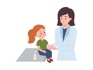 Fototapeta premium Smiling woman doctor smears spots of atopic dermatitis on hands of little girl