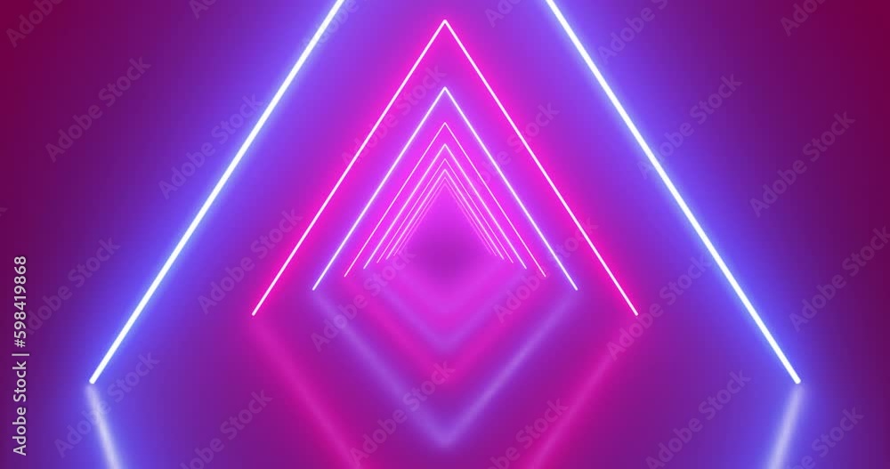 Poster neon glowing triangle tunnel with blue light lines moving fast. background futuristic corridor with 