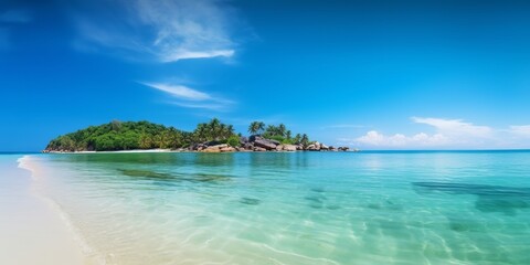 Fototapeta premium Beautiful tropical eaches and sea on blue background for wallpaper design. Travel background. Tropical beach.