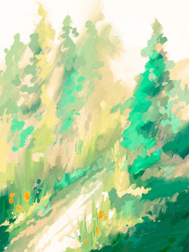 Impressionistic Spring & Summer Pine or Conifer Forest by the River, Creek, Brook or Path- Digital, Design, Painting, Illustration, Art, Artwork Background or Backdrop, or Wallpaper