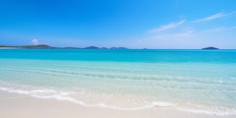 Fototapeta premium Beautiful tropical eaches and sea on blue background for wallpaper design. Travel background. Tropical beach.