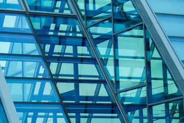 Modern building glass roof metal frame construction. metal frames and glass windows close-up