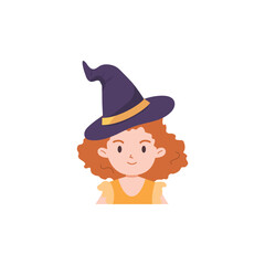 Cute little girl in witches hat, Halloween costume - flat vector illustration isolated on white background.