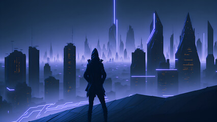 A person standing on a rooftop, looking at a foggy and futuristic cityscape with neon lights at night, epic wallpaper.  (Generative AI)