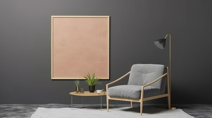 Picture frame mockup psd leaning in modern living room home decor interior. Generative Ai