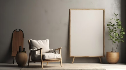 Canvas mockup in minimalist interior background with armchair and rustic decor. Generative Ai
