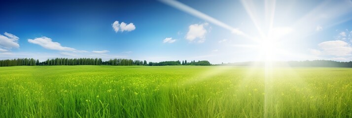 Plakat Green beautiful panoramic natural landscape of a green_field in beautiful style on white background. Summer vacation. Spring season. Natural background. Travel background. Natural beauty.