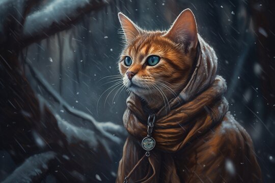 Generative AI, abyssinian cat adventurer in winter forets. Oil Painting of cute pet, animal wear clothes.