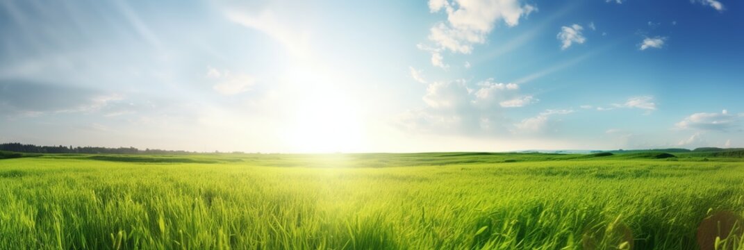 Green beautiful panoramic natural landscape of a green_field in beautiful style on white background. Summer vacation. Spring season. Natural background. Travel background. Natural beauty.