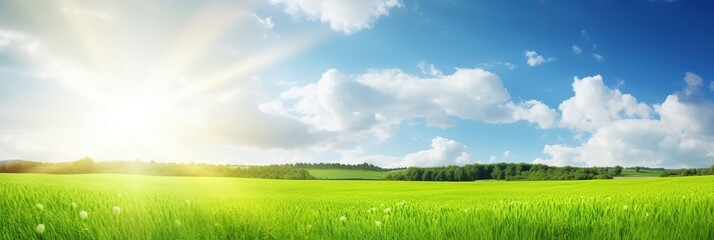 Obraz na płótnie Canvas Green beautiful panoramic natural landscape of a green_field in beautiful style on white background. Summer vacation. Spring season. Natural background. Travel background. Natural beauty.