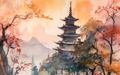 Chinese landscape with misty forest, distant mountains and fog. Traditional oriental watercolor painting.Generative ai.
