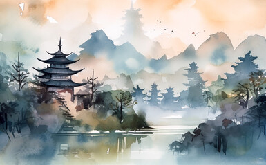 Fototapeta premium Chinese landscape with misty forest, distant mountains and fog. Traditional oriental watercolor painting.Generative ai. 