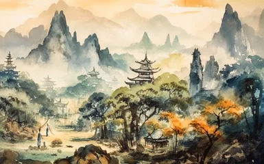 Crédence de cuisine en verre imprimé Gris 2 Chinese landscape with misty forest, distant mountains and fog. Traditional oriental watercolor painting.Generative ai. 