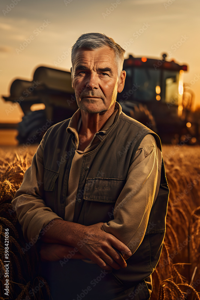 Poster a man standing in a field with a tractor behind him. ai generative.