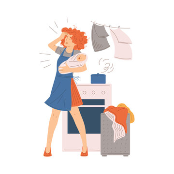 Housewife tired of housekeeping and child care flat vector illustration isolated.