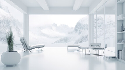 Fototapeta na wymiar Scandinavian living room, simple white space with minimal accents, winter forest visible through large vindows, AI generative modern stylish interior