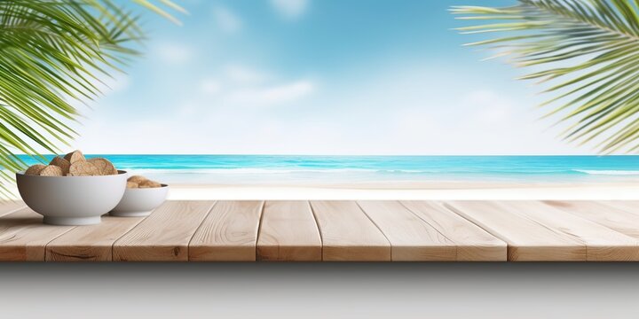 Beach product background with wooden counter, great design for any purposes. Tropical beach. Kitchen island. Product display. Counter top. Top view.