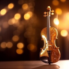 A gold violin on dark background, music festival day. Generative AI, Generative, AI